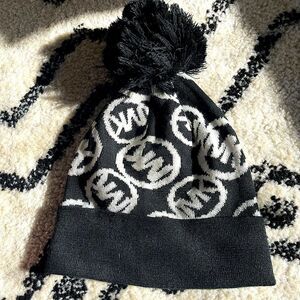 Michael Michael Kors Black & White Wool Blend Foldover Knit Pom Pom Beanie